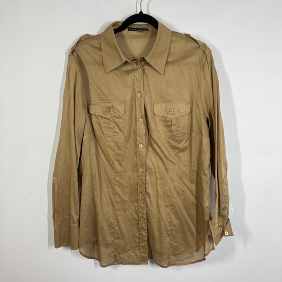 Luisa Cerano Tan Button Down Shirt Size 14 Utility Cotton Blouse Workwear - Picture 2 of 16